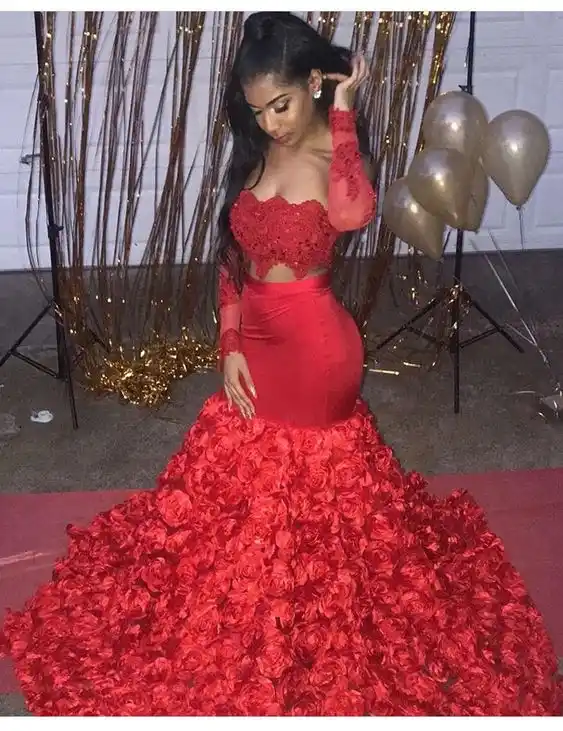 red mermaid prom dress with ruffle bottom