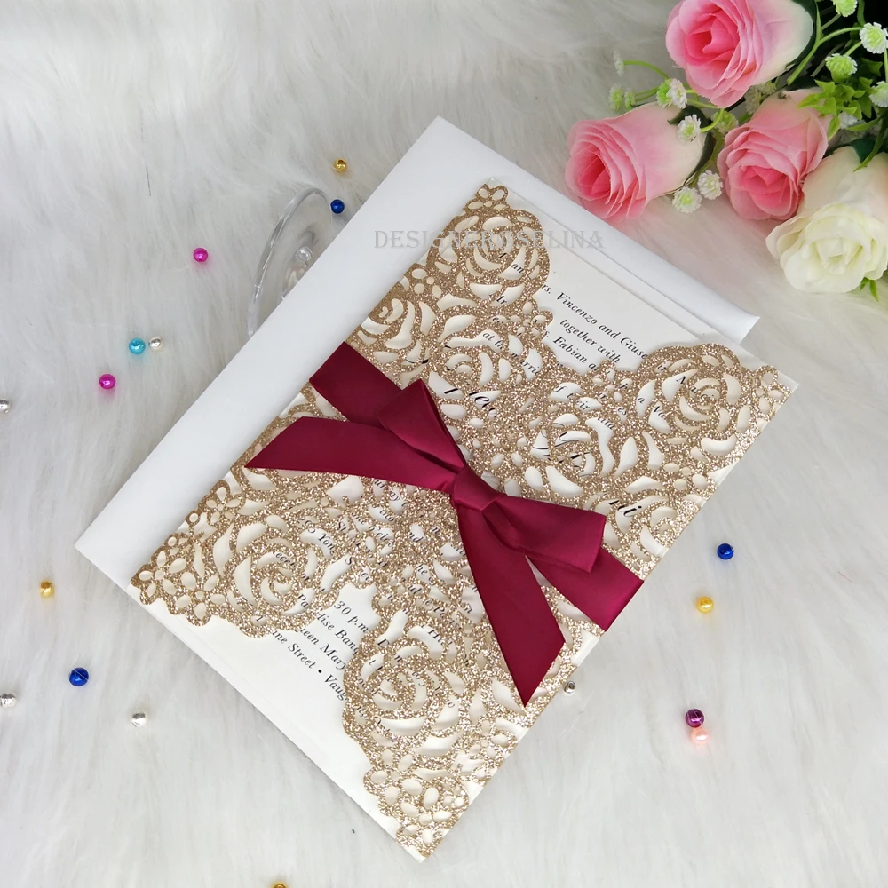 Glitter Wedding Invitations with Burgundy Ribbon & Envelope Rose Gold Laser Cut Sweet 15 Birthday Quinceanera Cards 50pc/lot
Glitter Wedding Invitations with Burgundy Ribbon & Envelope Rose Gold Laser Cut Sweet 15 Birthday Quinceanera Cards 50pc/lot