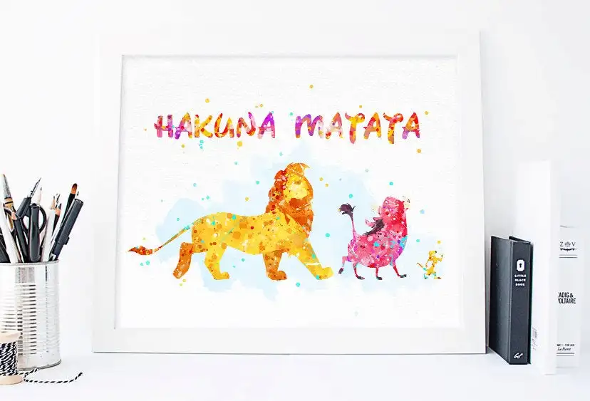 Lion King Hakuna Matata print. Watercolor Poster Print, Kids Room wall Decor, baby Nursery Art ,Birthday Gift idea
Lion King Hakuna Matata print. Watercolor Poster Print, Kids Room wall Decor, baby Nursery Art ,Birthday Gift idea