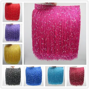 

YY-tesco 10 Meters 20CM Long Polyester Sequins Tassel Fringe Lace Trim Ribbon Sew Latin Dress Stage Garment Curtain Accessories