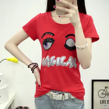 Sequined T-shirt Fashion Spring Summer Long Sleeve Cotton T Shirt Embroidery Sequins Eyelash O-neck Women Tops Female Tshirts 
Sequined T-shirt Fashion Spring Summer Long Sleeve Cotton T Shirt Embroidery Sequins Eyelash O-neck Women Tops Female Tshirts