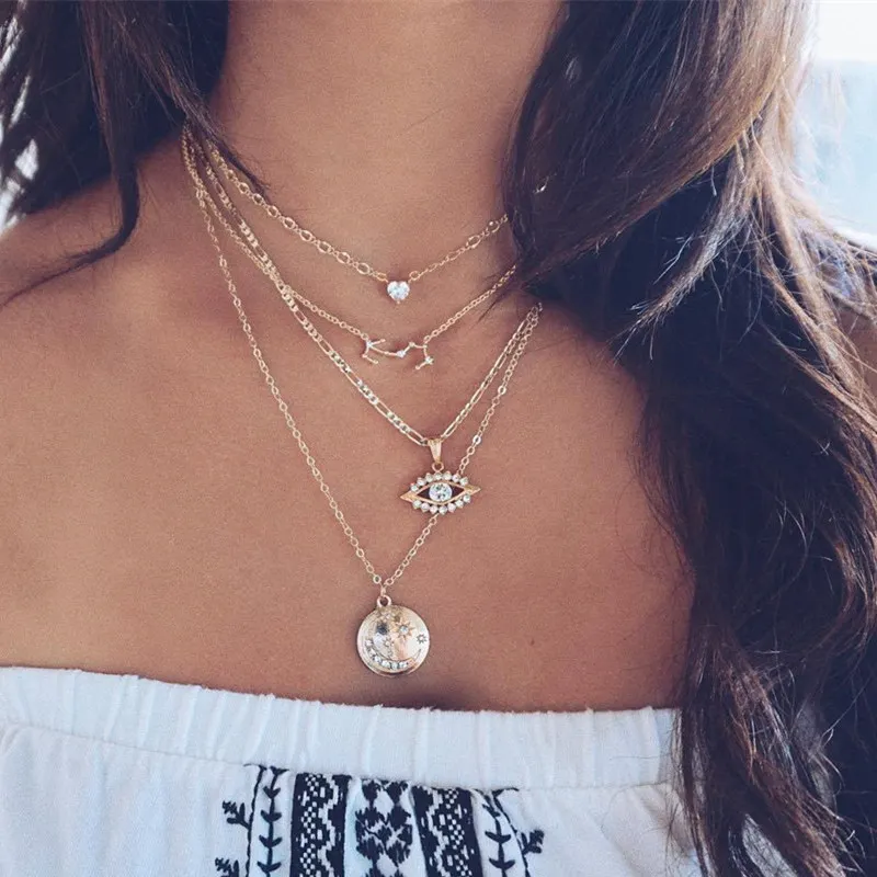 Boho Fashion Gold Color Constellation Love Heart Eyes Crystal Stars Moon Pendant Necklace Clavicle Necklace Jewelry Accessories
Boho Fashion Gold Color Constellation Love Heart Eyes Crystal Stars Moon Pendant Necklace Clavicle Necklace Jewelry Accessories