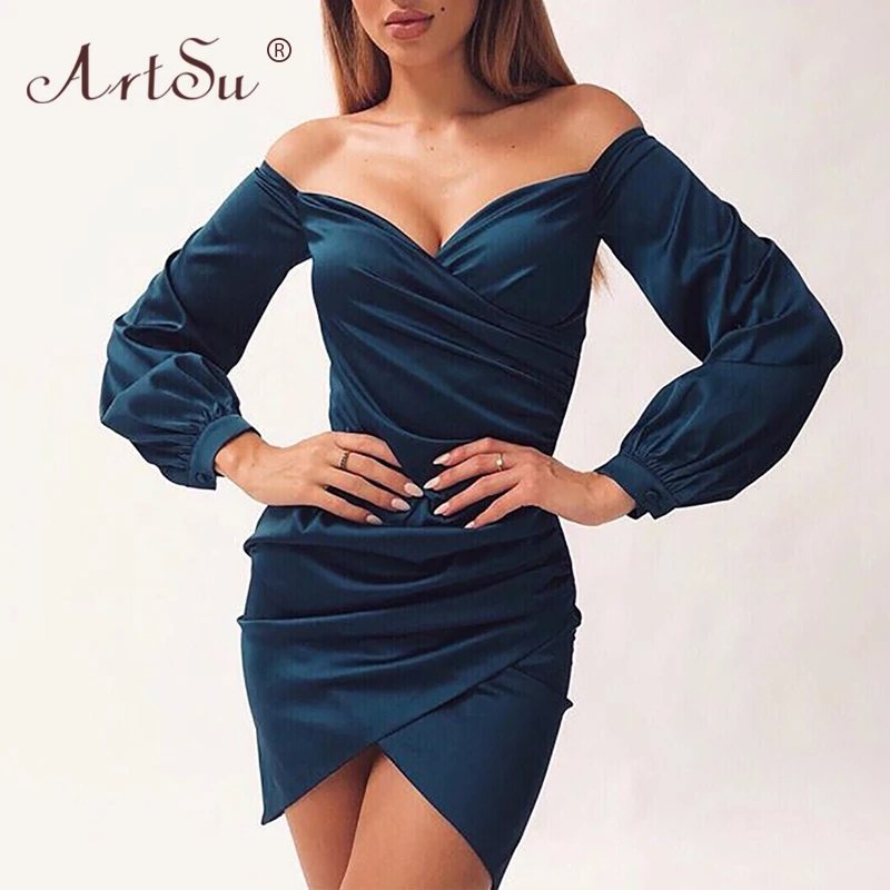 ArtSu Fashion Satin Sexy Off Shoulder Party Dress Women Long Sleeve Bodycon Mini Dress 2019 Summer Club Black Blue Robe Femme
ArtSu Fashion Satin Sexy Off Shoulder Party Dress Women Long Sleeve Bodycon Mini Dress 2019 Summer Club Black Blue Robe Femme