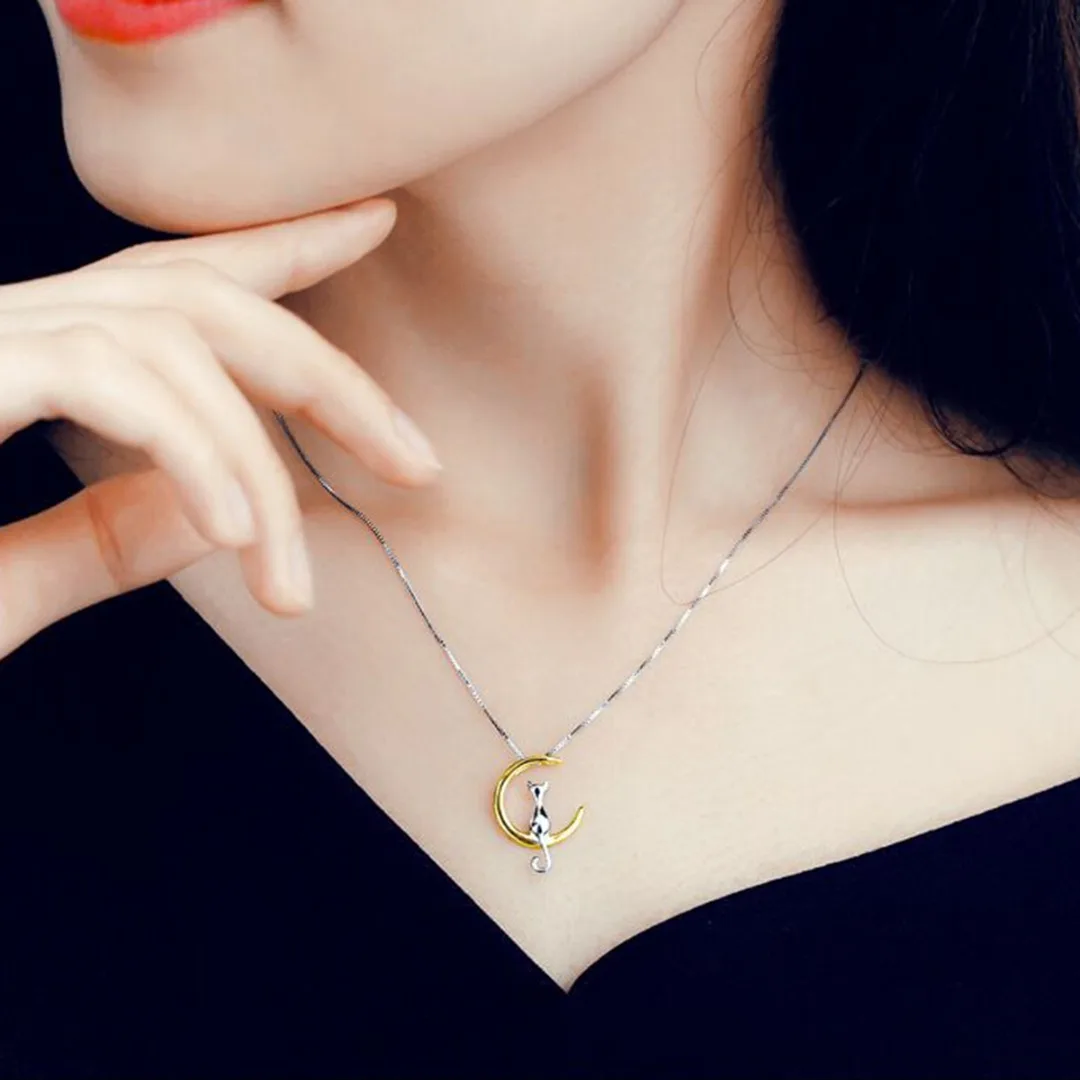 Fashion Cat Moon Pendant Necklace Charm Silver Gold Color Link Chain Necklace For Pet Lucky Jewelry For Women Gift Shellhard