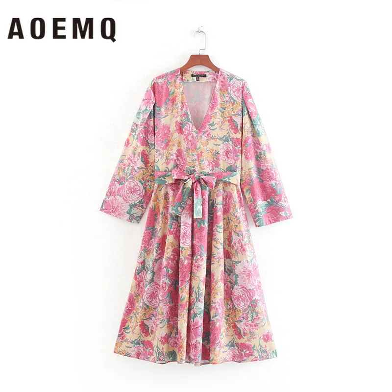 AOEMQ Fashion Dress Sex Deep V-Neck Maxi Vintage Beach Flower Floral Print Night Gown Sleepwear for Women Clothing | Женская одежда