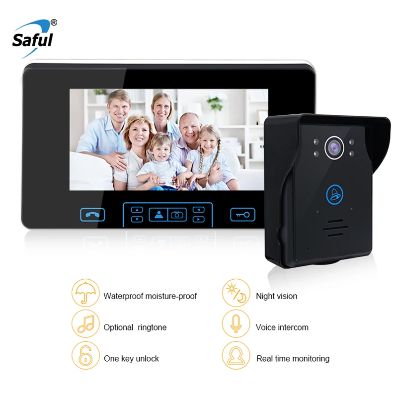 Видеодомофон Saful с 7 дюймовым ЖК дисплеем и камерой ночного видения|doorbell system|video