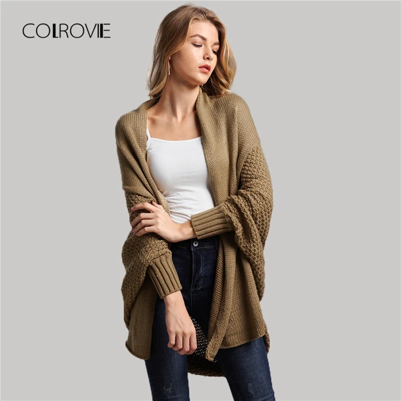 

COLROVIE Khaki Solid Batwing Sleeve Cardigan Sweater Women Clothing 2018 Winter Streetwear Fashion Ladies Casual Sweater
