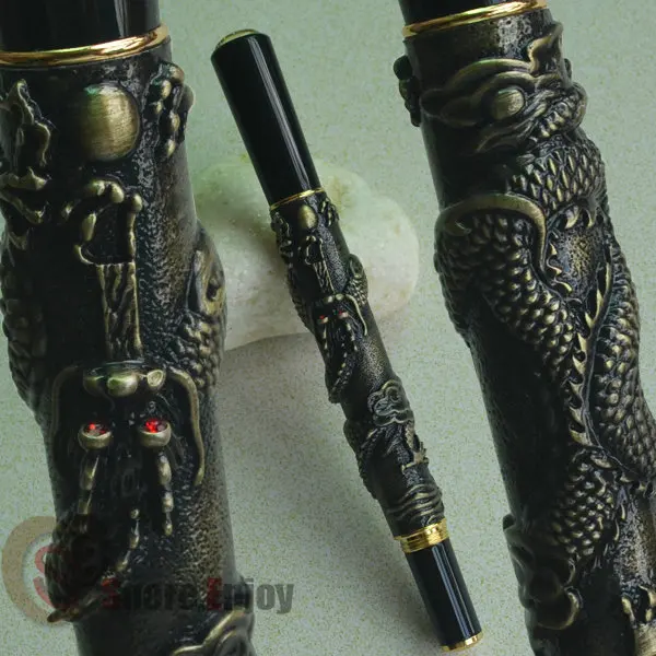 Шариковая ручка JINHAO 41 античная латунь с кристаллом Дракон чеканка | Канцтовары