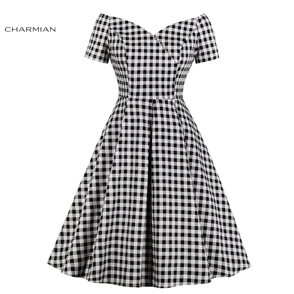 Charmian Women's Retro Black and White Check Pattern Off Shoulder Short Sleeves High Waist A Line Swing Dress
Charmian Women's Retro Black and White Check Pattern Off Shoulder Short Sleeves High Waist A Line Swing Dress