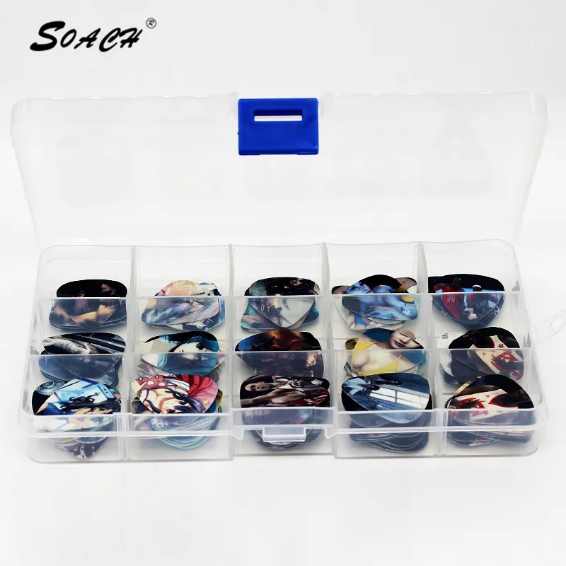 

SOACH New arrivals Hot 100PCS 0.46-1.0mm guitar picks pick Mixed 15 grids box plectrum mix pick thicknesses parts Multi-color