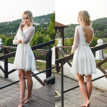 Newest Short Wedding Dresses With Illusion Long Sleeves Full Lace V Neck Backless Summer Beach Bridal Gowns Informal Party Wear
Newest Short Wedding Dresses With Illusion Long Sleeves Full Lace V Neck Backless Summer Beach Bridal Gowns Informal Party Wear