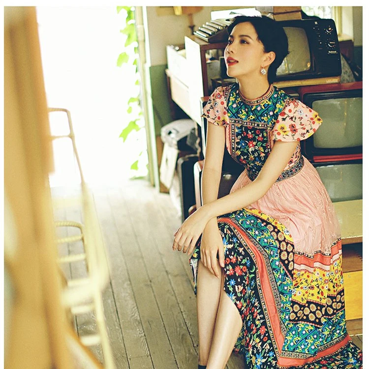 2019 summer new retro print stitching dress