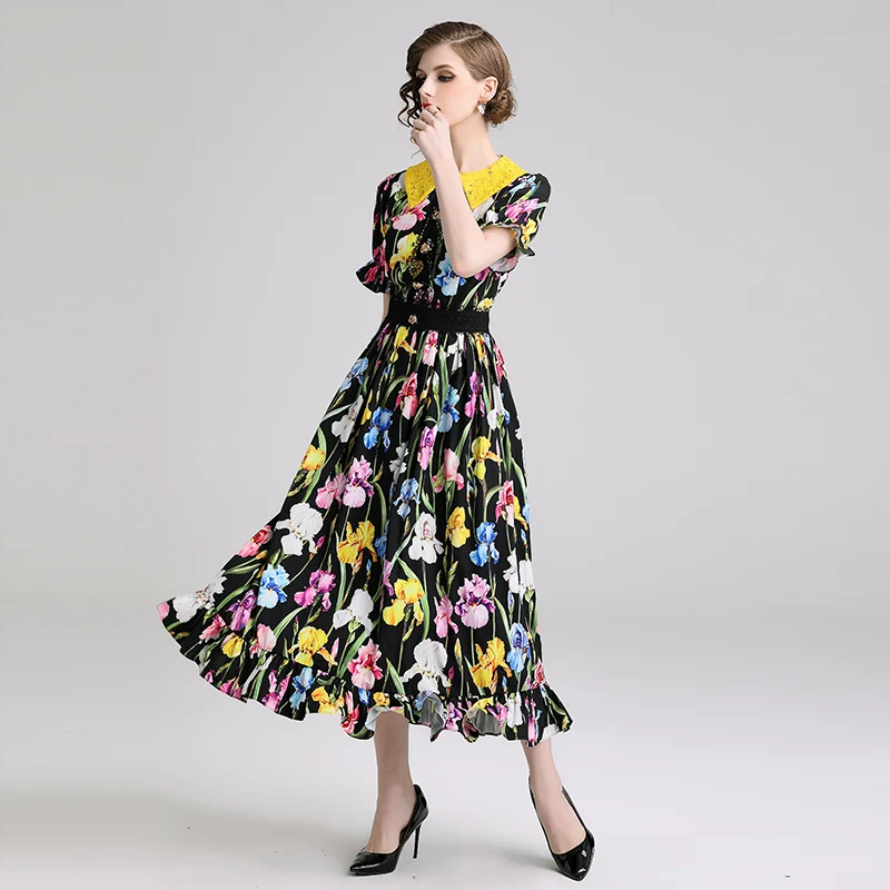 Tulips are printed stitching - Europe and the United States high-end custom lace the tiger button waist dress with short sleeves
Tulips are printed stitching - Europe and the United States high-end custom lace the tiger button waist dress with short sleeves