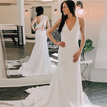 Simple V Neck Mermaid Beach Wedding Dress Sleeveless Criss-Cross Back Satin Bridal Dress Vestido De Novia 2019 Boho Wedding Gown
Simple V Neck Mermaid Beach Wedding Dress Sleeveless Criss-Cross Back Satin Bridal Dress Vestido De Novia 2019 Boho Wedding Gown
