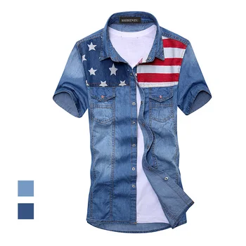 2018 New vintage men's fashion American Flag denim shirt short sleeve light blue jeans shirt free shipping Top quality
2018 New vintage men's fashion American Flag denim shirt short sleeve light blue jeans shirt free shipping Top quality