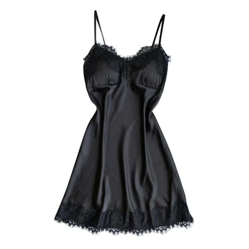 2018 Women Sexy Silk Satin Night Gown Sleeveless Nightdress V-neck Summer Lace Patchwork Nightgowns Sleepwear Dress For | Женская одежда