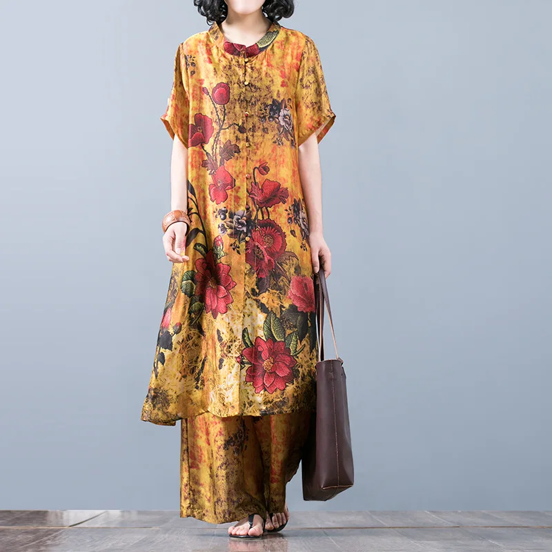 Women Printed Thin Summer Sets Elegant Retro Long Tops +Elastic waist Wide Leg Pants Female Suits Printing Casual Suits Sets
Women Printed Thin Summer Sets Elegant Retro Long Tops +Elastic waist Wide Leg Pants Female Suits Printing Casual Suits Sets