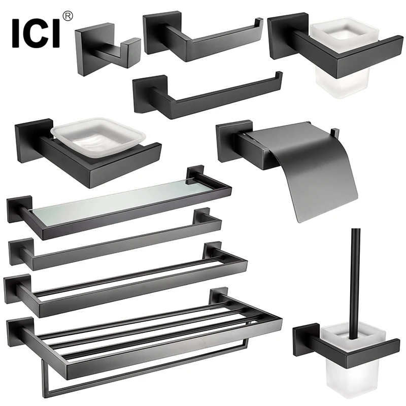 ICI Bathroom Hardware Set Black Robe Hook Towel Rail Rack Bar Shelf Paper Holder Toothbrush Dish Holder Bathroom Accessories
ICI Bathroom Hardware Set Black Robe Hook Towel Rail Rack Bar Shelf Paper Holder Toothbrush Dish Holder Bathroom Accessories