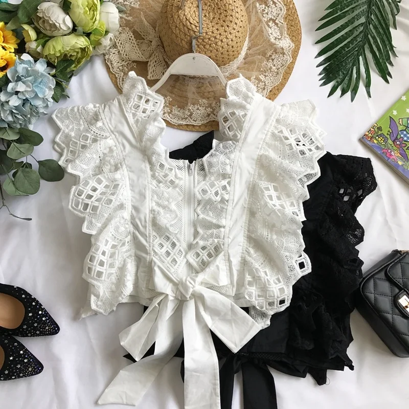 Women V-Neck Lace Hook Flowers Openwork Ruffled Vest Shirts High Waist Lace Up Pleated Blouses Bowtie Crop Tops Blusas Camisas
Women V-Neck Lace Hook Flowers Openwork Ruffled Vest Shirts High Waist Lace Up Pleated Blouses Bowtie Crop Tops Blusas Camisas