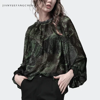 Luxury Diamonds-studded Collar Women Blouse Green Chiffon Printed Lantern Sleeve Top + Bra 2 Pieces Set Loose Large Size 4XL 
Luxury Diamonds-studded Collar Women Blouse Green Chiffon Printed Lantern Sleeve Top + Bra 2 Pieces Set Loose Large Size 4XL