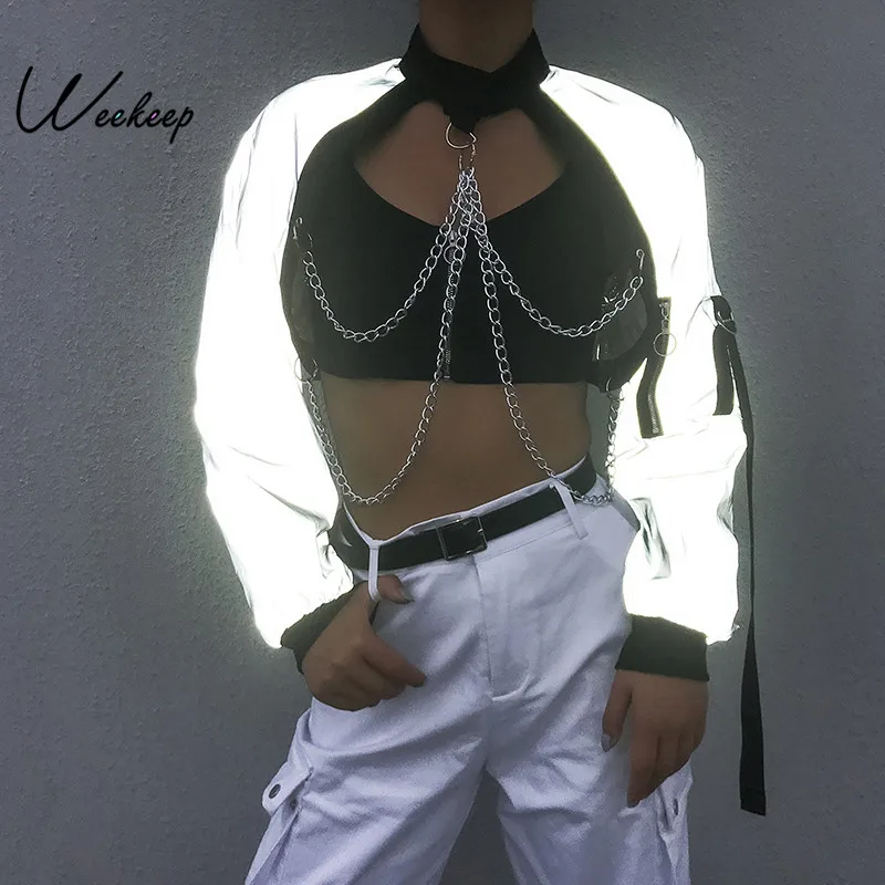 Weekeep Metal Chain Patchwork Jacket Women Reflective Long Sleeve Cropped Jackets Fashion Streetwear Jackets 2019
Weekeep Metal Chain Patchwork Jacket Women Reflective Long Sleeve Cropped Jackets Fashion Streetwear Jackets 2019
