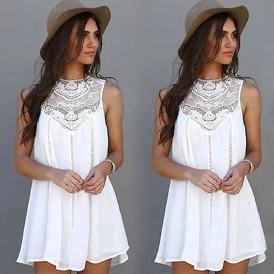 Фото 2017 Women Lace Sleeveless Casual Summer Dress Ladies Loose Beach BOHO Short Mini Hollow Out White Party Sundress | Женская одежда