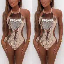 Plus size xxl sexy ouro verde lantejoulas uma peça maiô feminino sem encosto push-up acolchoado sutiã banho monokini biquíni(China)