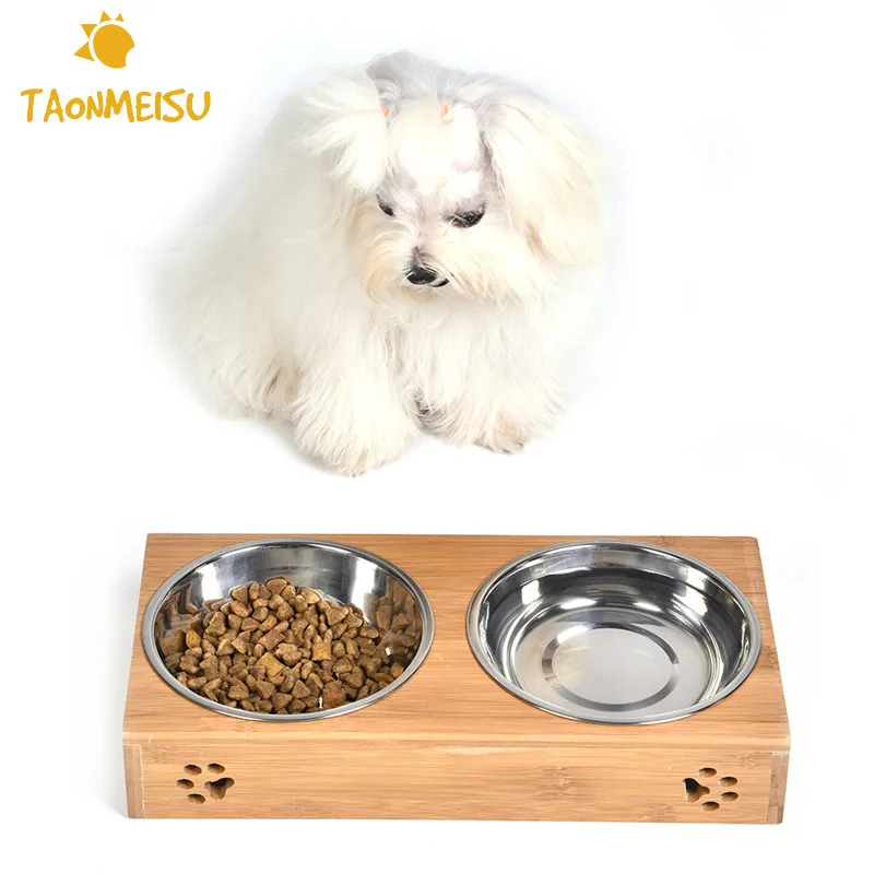 Image Pet Dog Double Bowls Raised Stand Bamboo Stainless Steel for Pet Feeding Water Food