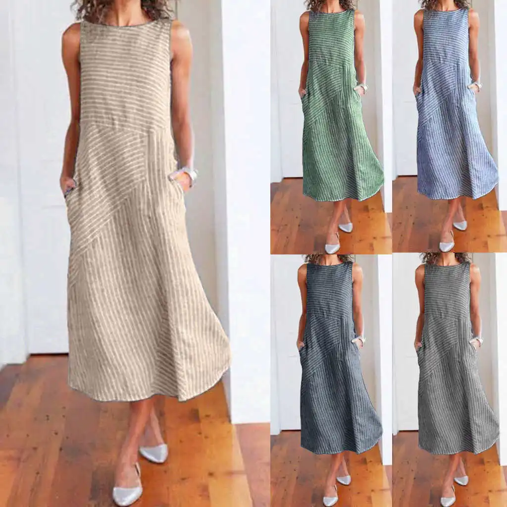 Casual Maxi Dress Sleeveless Linen Women Long Summer Dress Striped Cotton Baggy