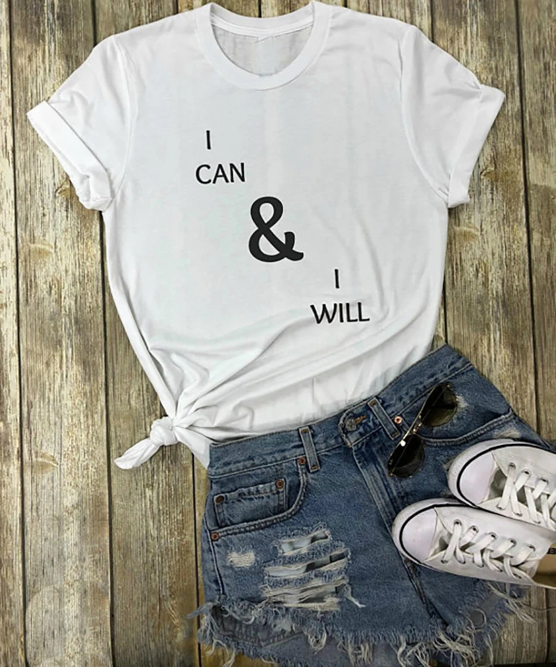 

T Shirt Women Tops for 2018 Pure Cotton I Can and I Will Slogan T-shirt Basic Tshirt Plus Size Girls Tee XS-XXXL Heather Grey