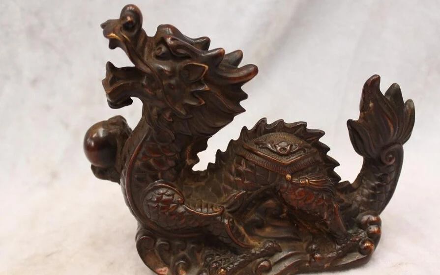 

R0720 Details about 6"Chinese Purple Bronze carved eximous lifelike Lucky Dragon Play Bead Statue B0403