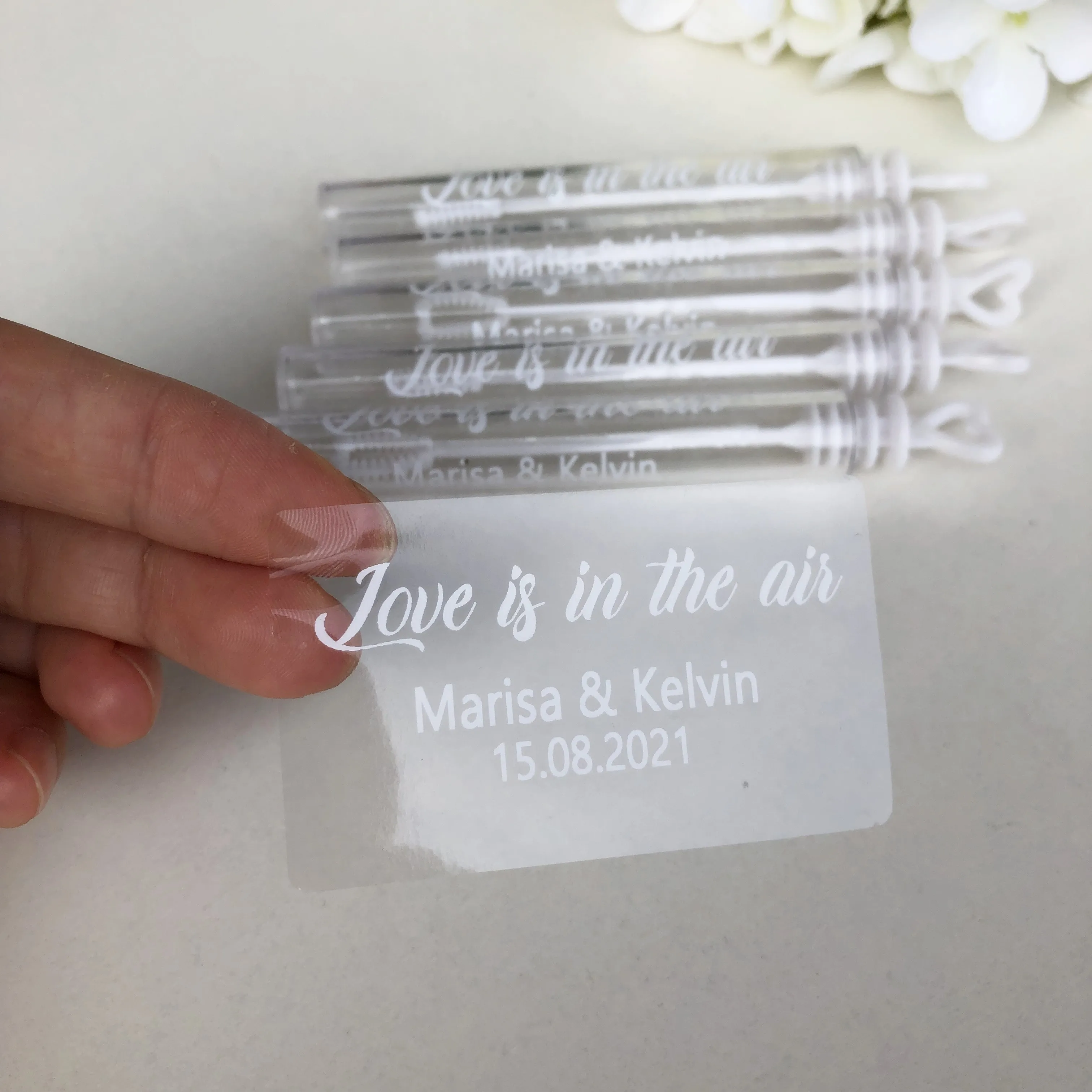 Personalized wedding bubble wand white text stickers custom tube transparent labels
Personalized wedding bubble wand white text stickers custom tube transparent labels