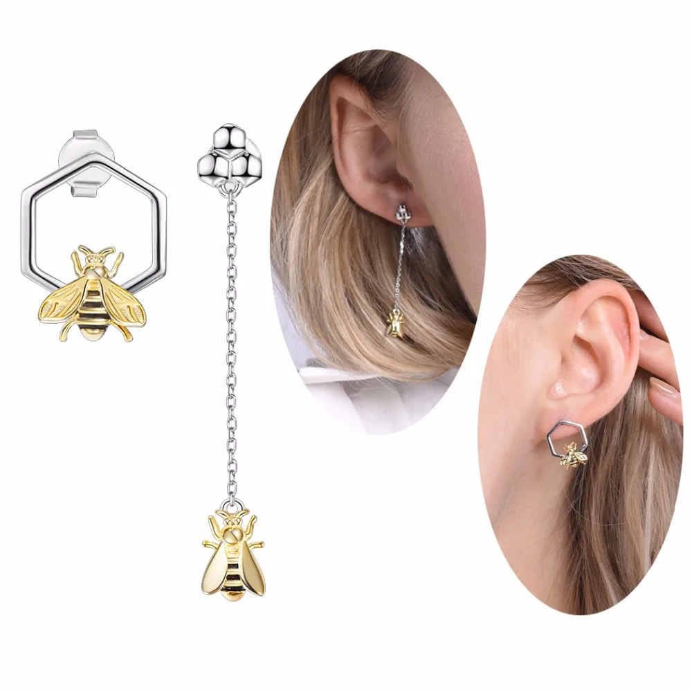 

SILVERCUTE Geometric Honeycomb & Bee Stud Earrings For Women 925 Sterling Silver Fine Jewelry Girls Asymmetric Earring SCE6248BK