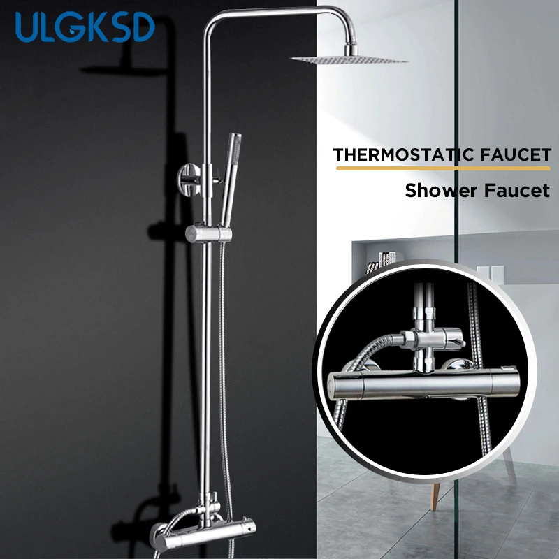 

ULGKSD Thermostatic Shower Faucet Wall Mount 10'' Head 360 Swivel W/ Hand Shower Bathroom Shower Set Cold Hot Water Mixer Tap