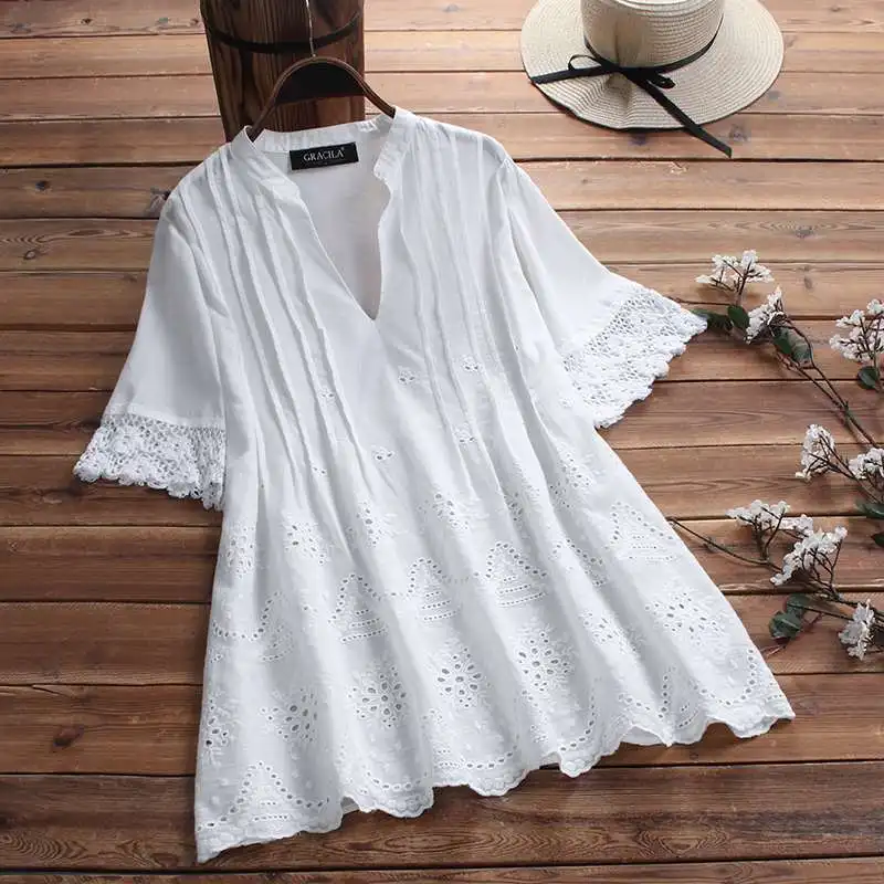 Women Tunic Tops Casual Short Sleeve V Neck Blouses Shirts Vintage Lace Embroidered Tops Cotton Blusas Chemiser Mujer Plus Size
Women Tunic Tops Casual Short Sleeve V Neck Blouses Shirts Vintage Lace Embroidered Tops Cotton Blusas Chemiser Mujer Plus Size