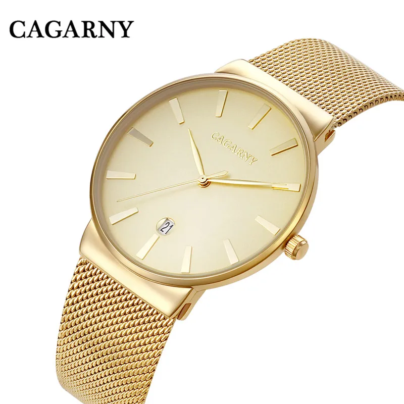 

Cagarny Men's Watch Gold Quartz Ultra-thin Simple Cool Stainless Steel Mesh Band Date Wrist Watches Men Luxury Brand Male Clock