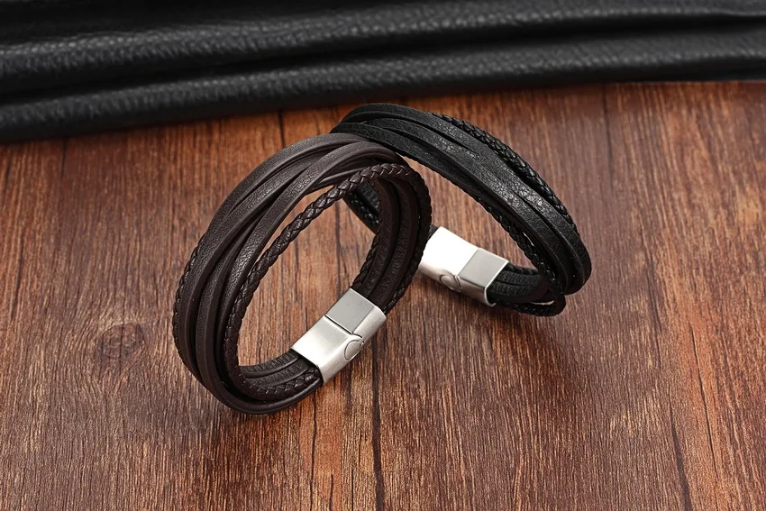XQNI Multi-layer Stainless Steel Buckle Black/Brown Genuine Leather Bracelet For Men Women Classic Design For Surprise Gift 18
