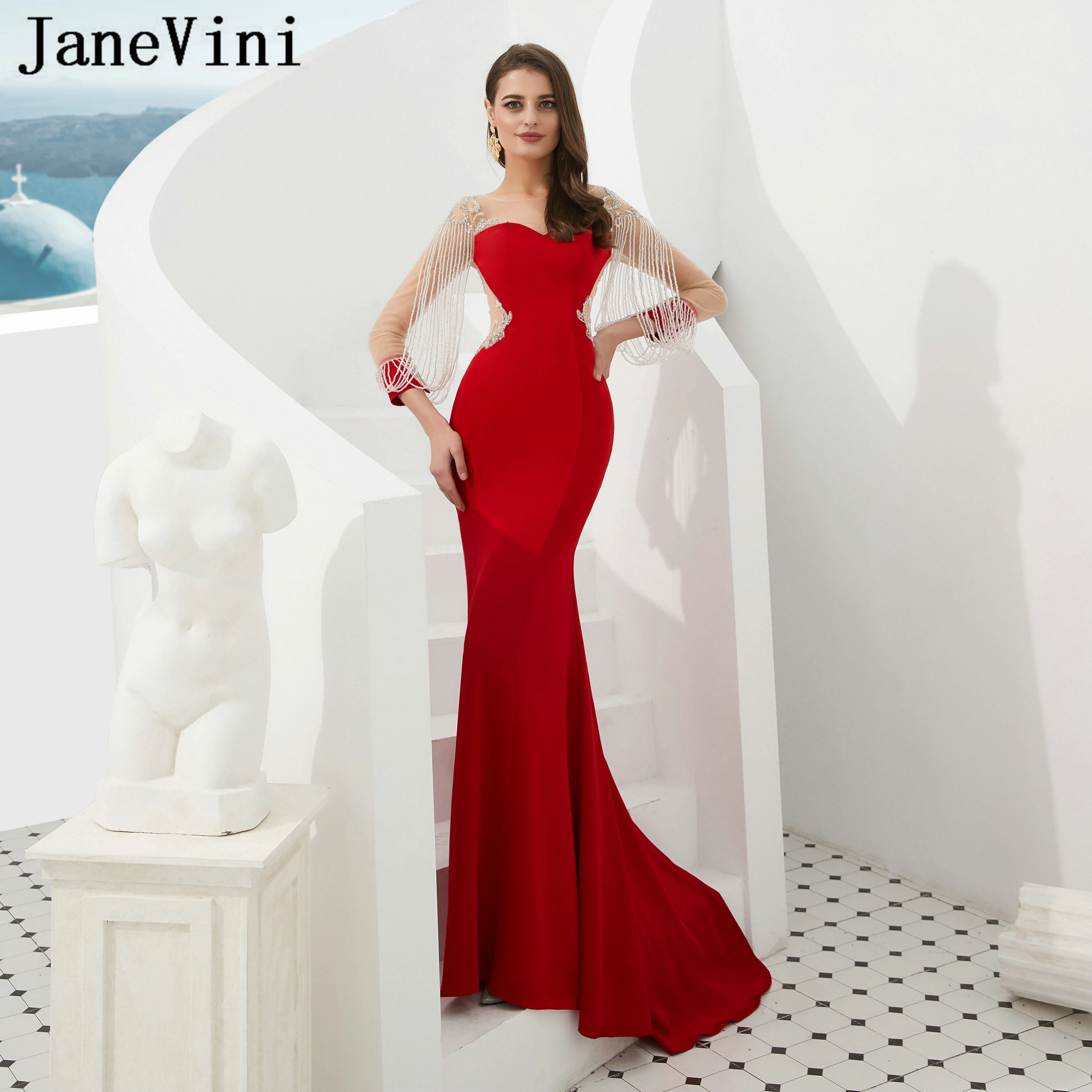 

JaneVini Luxury Beading Red Long Sleeves Evening Dresses Mermaid Satin Sweep Train Sheer Back Formal Party Gowns Robe De Soiree