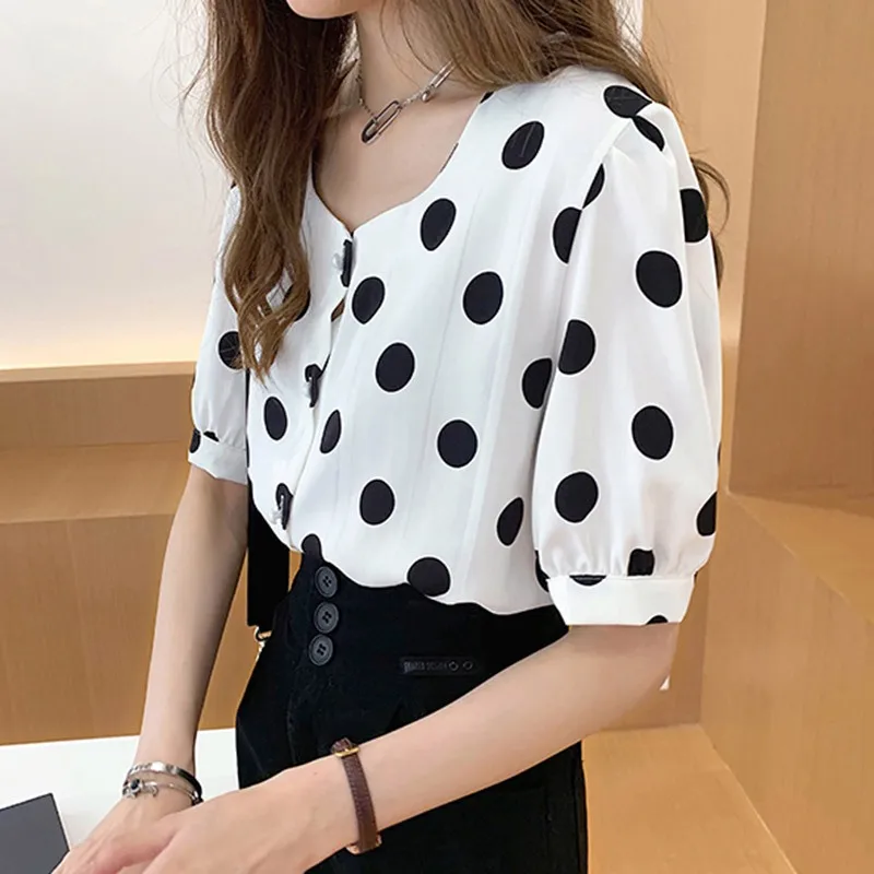 2019 O Neck Short Sleeve Dot Print Button Up Chiffon Blouse Women Summer Polka Dot Loose Blouses
2019 O Neck Short Sleeve Dot Print Button Up Chiffon Blouse Women Summer Polka Dot Loose Blouses
