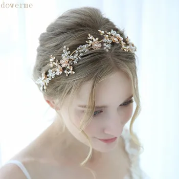 

NPASON New Gold Leaves Floral Bridal Headband Tiara Charming Crystal Women Headpiece Handmade Wedding Hair Crown Vine