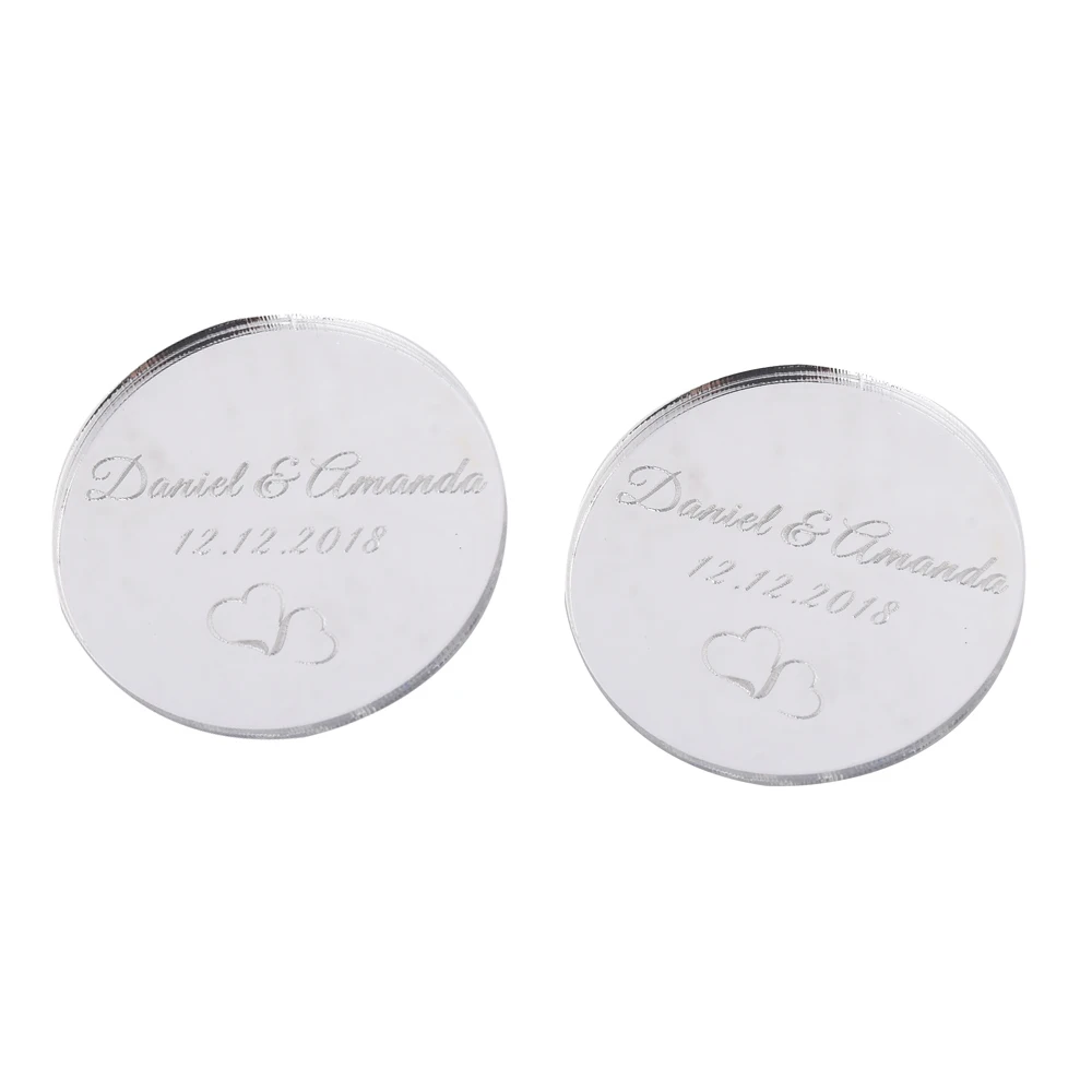 

50Pcs * Personalized Engraved Mirror Round Wedding Tags Silver Baptism Name Tag Sculpture Party Gifts Baby Shower Decor Favor