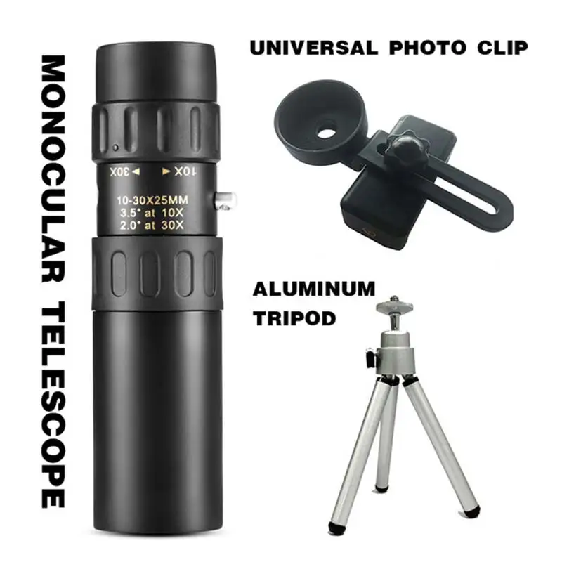 10-30x25 Zoom Metal Monocular Telescope, High Quality Monocular Binoculars, Smartphone Compatible, with Light Night Vision
10-30x25 Zoom Metal Monocular Telescope, High Quality Monocular Binoculars, Smartphone Compatible, with Light Night Vision