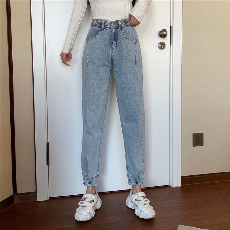 Loose Straight Leg Button High Rise Irregular Jeans Adjust Waist Plus Size Blue Retro Womens Pocket Spring Summer 2020 New | Женская