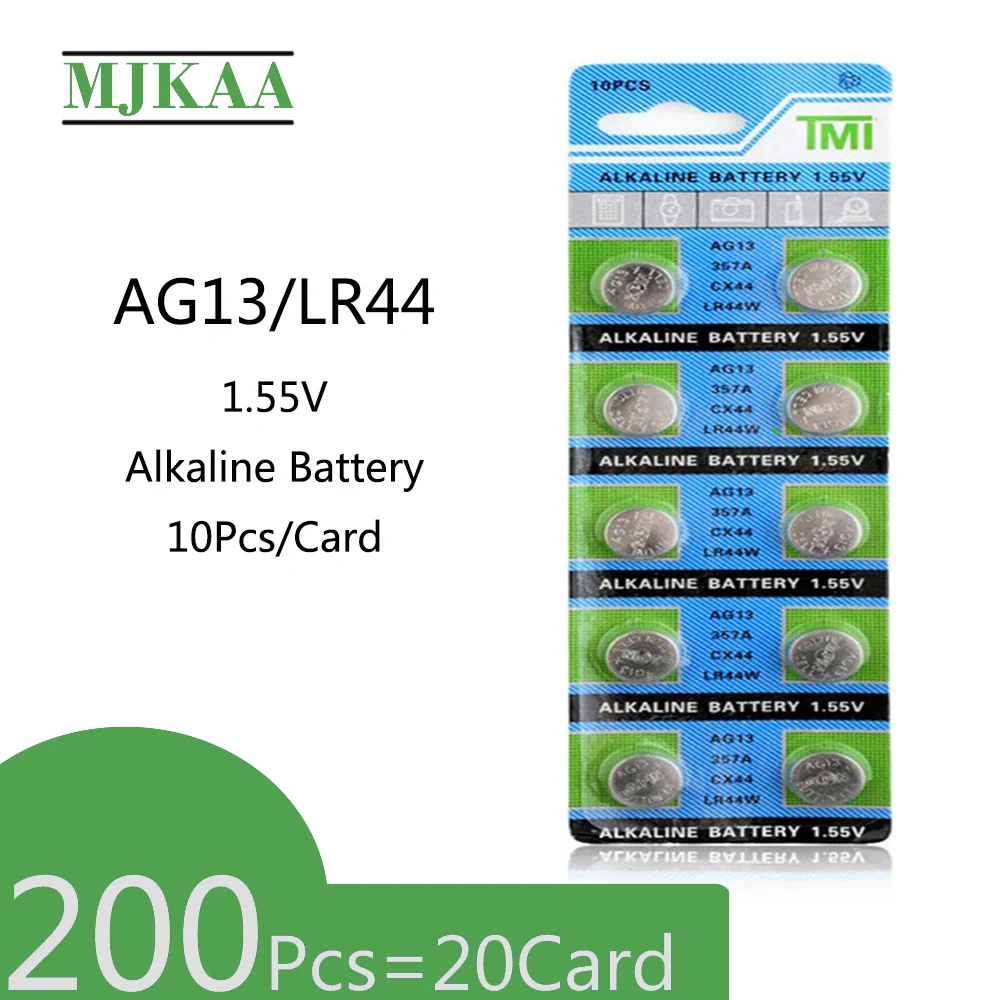 200Pcs=20Card AG13 Alkaline 1.55V Button Battery LR44 357A S76E G13 For Watch Toy Coin Cell Batteries
200Pcs=20Card AG13 Alkaline 1.55V Button Battery LR44 357A S76E G13 For Watch Toy Coin Cell Batteries