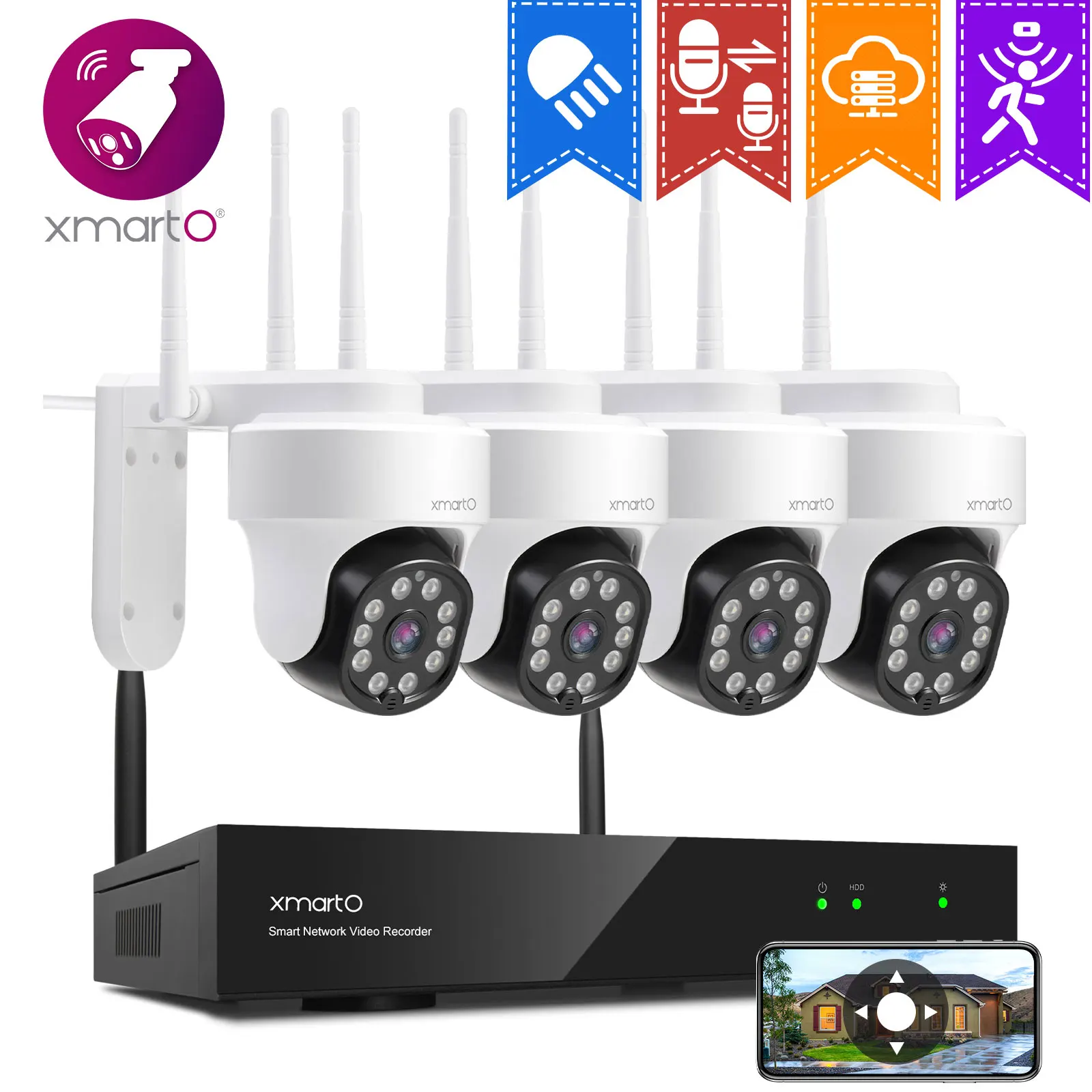 

[AI Auto Track] XMARTO 2K HD 1296p/1080P Wireless Security Camera System, 2-Way Audio,Smart Floodlight, Color Night Vision