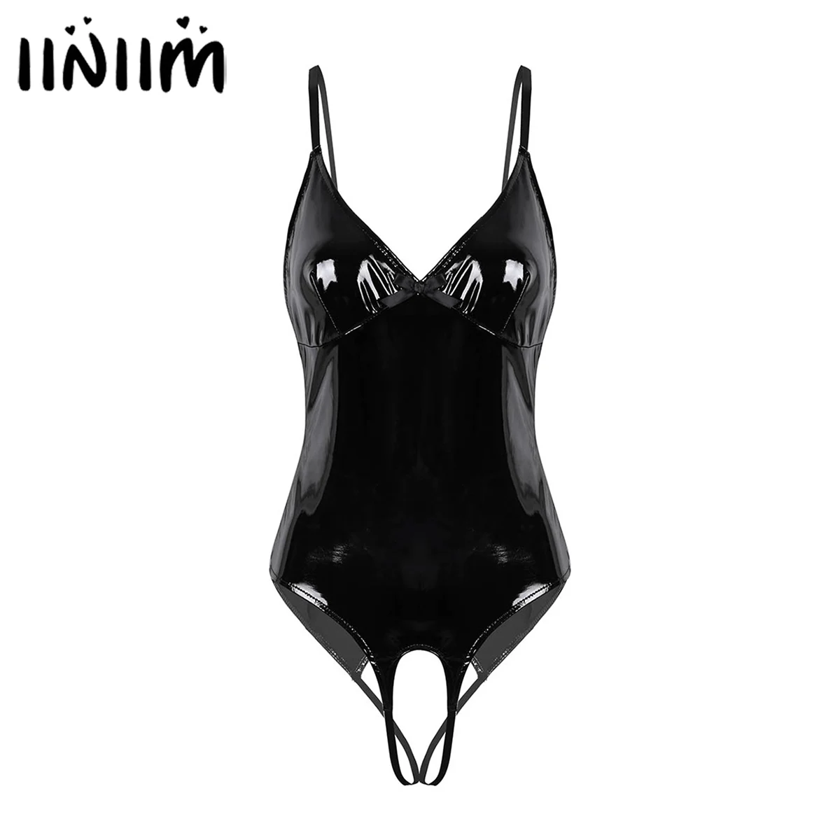 

iiniim Womens Lingerie Body Suit Femme Open Crotch Wetlook Costumes Leather Straps Crotchless Sissy Clubwear Bodysuit Catsuit