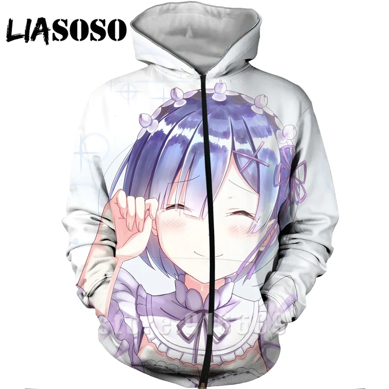 Re Zero Rem 3D Print Hooded Sweatshirt Women Men Ram Anime Hoodies Casual Design Jacket Harajuku style Pullover Zipper Hoodie (1)