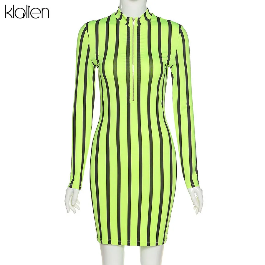 KLALIEN spring fall long sleeve turtleneck zipper fashion casual dress women high street striped mini bodycon dress 2020 new