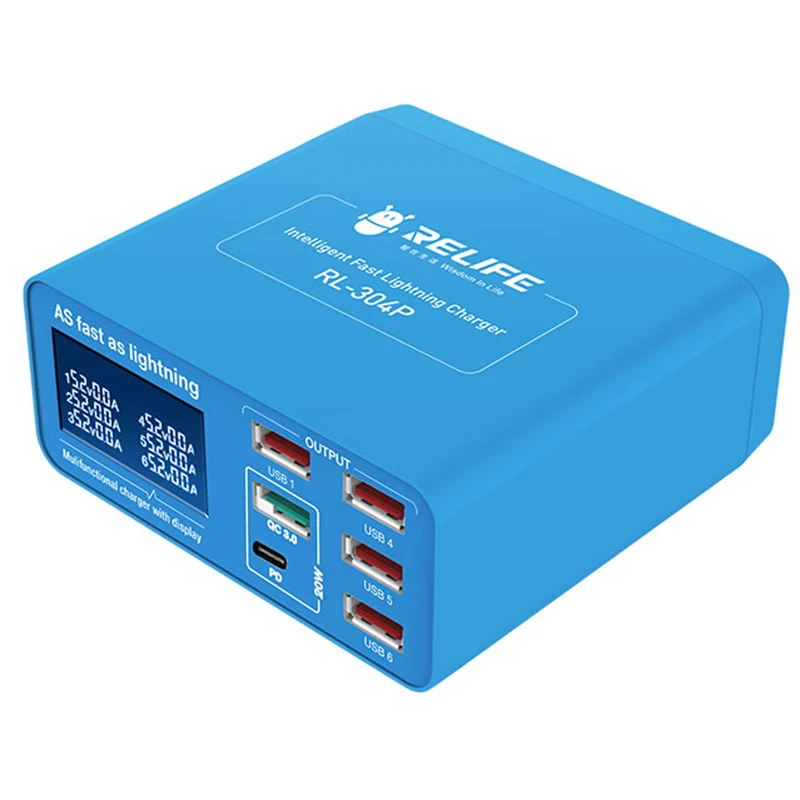 

RELIFE RL-304P Smart 6-port USB Charger Digital Display Lightning For Charging All Mobile Phones And Tablet Support PD3.0+QC3.0