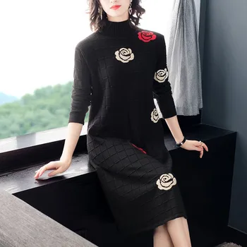 2020 Rose flower Printed Knitted Dress Women's Autumn Winter Clothing Chic Stand collar Long Sleeve Knit Sweater Dresses Female 
2020 Rose flower Printed Knitted Dress Women's Autumn Winter Clothing Chic Stand collar Long Sleeve Knit Sweater Dresses Female